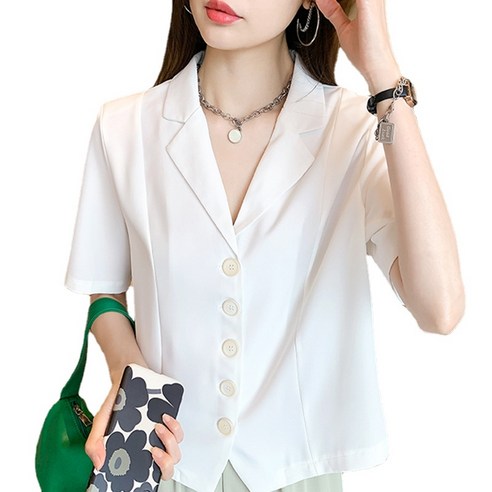 ANKRIC 셔츠블라우스 홍콩풍 정장넥 셔츠 여 여름 패션 센스 한국판 날씬해 보이는 상의 루즈핏 반팔 셔츠