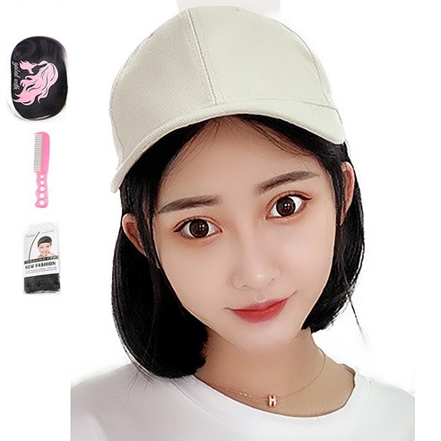 가발위드 단발 스타일캡 모자가발+가발망1개+가발전용빗1개 세트, 1개, 베이지+블랙브라운