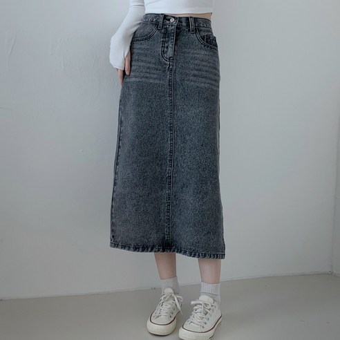아름모먼트 여성 빈티지 워싱 옆 트임 데님 스커트 BPD08