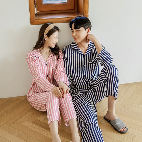 투위 레이온 긴팔 카라 커플잠옷 신혼부부 파자마세트