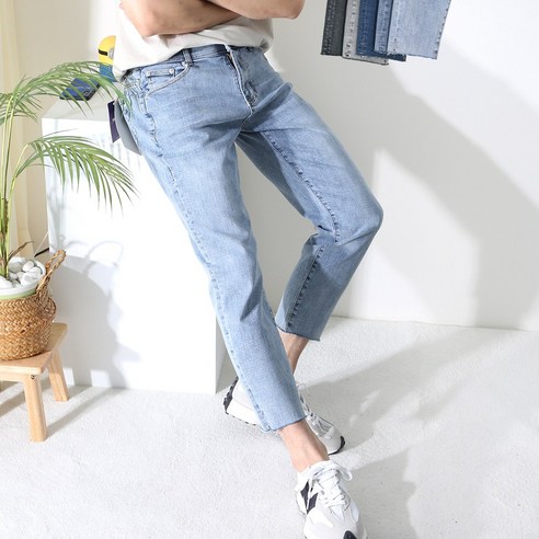 5컬러 남성용 9부 테이퍼드핏 히든 밴딩 스판 남자 컷팅진 청바지