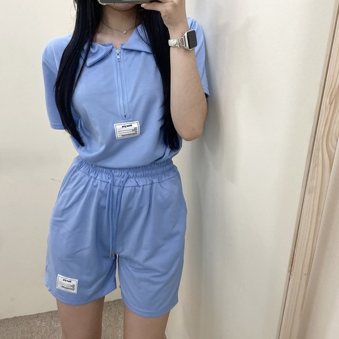 VANANA2 여성 데일리 빈티지 카라넥 지퍼 패치 반팔 반바지 투피스 세트 4color