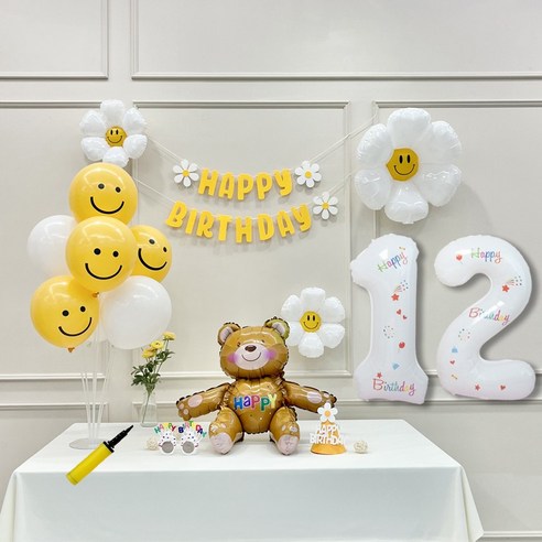 연지마켓 데이지 곰돌이 생일 파티 숫자 풍선 가랜드 세트, 12, 1세트, 베어 옐로우A 12