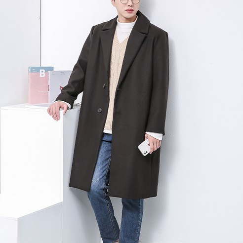 [오버나인] 남자 울 모직 루즈핏 싱글 롱 코트