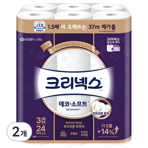 크리넥스 3겹 데코&소프트 천연펄프 고급롤화장지, 37m, 24개입, 2개