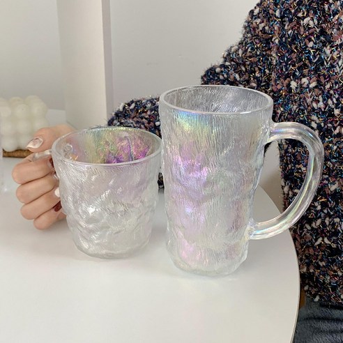GU 빙하 패턴 유리 컵 스타일 젖빛 그라디언트 컬러 마시는 컵 어린이의 찾고 과일 주스 커피 컵, 일곱색높은+짧은[1각]