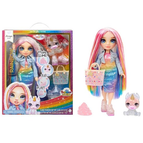 Rainbow High Amaya (무지개) 슬라임 키트 및 애완동물 a+ 포함 - 무지개 27.9cm(11인치) 쉬머 인형 a+ DIY 스파클 슬라임 마법의 예티 패션 액세서