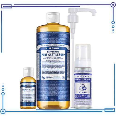 닥터브로너스 페퍼민트 퓨어 캐스틸 솝 멀티 클렌저 950ml + 60ml, 1개 닥터브로너스시트러스 닥터브로너스 페퍼민트 퓨어 캐스틸 솝 멀티 클렌저 950ml + 60ml, 1개 닥터브로너스시트러스