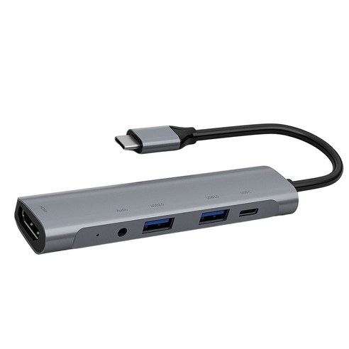 USB C 허브 5 In 1 USB 3.0 포트 3.5mm 오디오 포트 HP / XPS / PC 용 60W PD 충전기, {"사이즈":"4.3x1x0.5 인치"}, {"수건소재":"알루미늄 합금"}, 회색