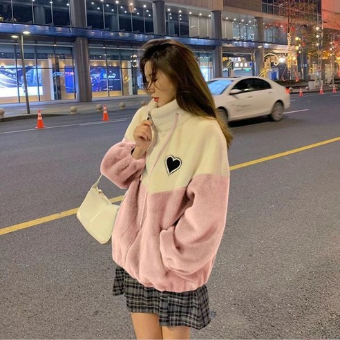 DH 가을 겨울 새로운 한국어 스타일 모조 밍크 양털 느슨한 두꺼운 플러시 코트 소녀의 스티치 대비 색 양고기 양털 코트