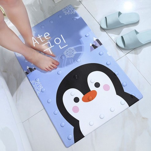 여름 파도 만화 욕실 미끄럼 방지 쿠션 발판 빨판 방수 샤워실 욕조 쿠션, 멍텅구리 펭귄