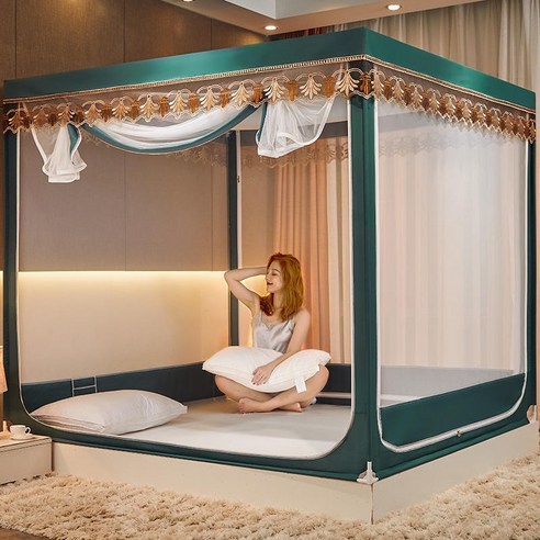MEIISEO 가정용 모기장 침대 원터치 모기장, 1.2 m 침대, 방진 탑 B 짙은 녹색