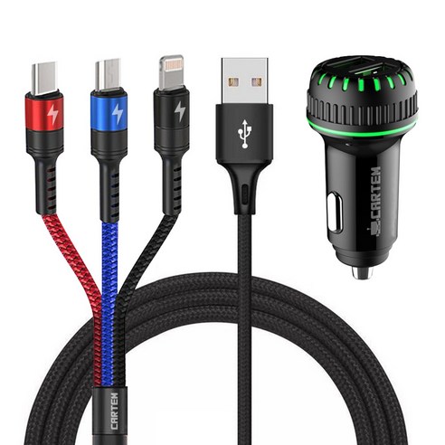 카템 3in1 트리플 고속 충전 케이블 65cm + 듀얼 QC3.0 차량용 고속충전기 36W, 혼합색상 차량용충전기