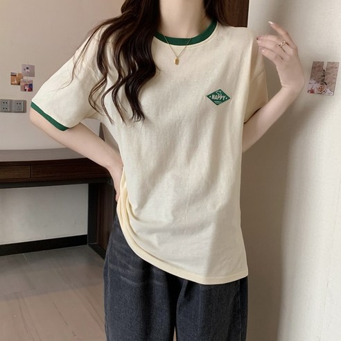 주디앤 여성 해피 배색 반팔 티셔츠