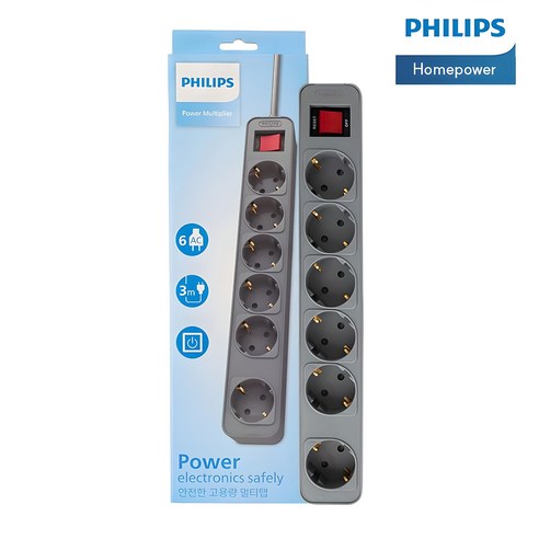 필립스 올그레이컬러탭 4000W 고용량멀티탭 과부하차단, 1.5m, 올그레이 6구, 1개
