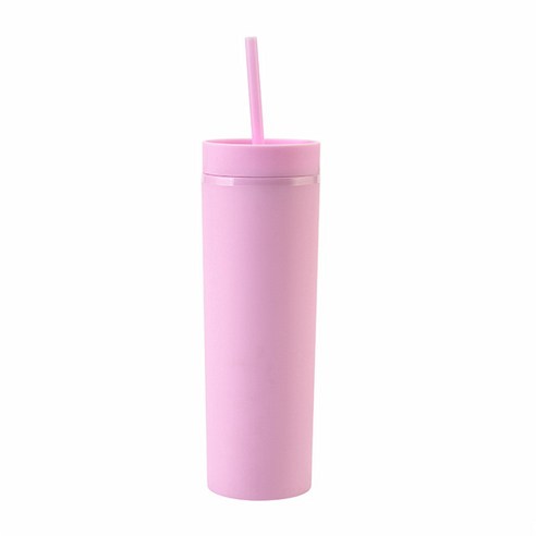 KORELAN 16oz 이중 플라스틱 직통 컵 고무 페인트 직신 빨대 컵 대용량 냉음료 핸드컵, 핑크/핑크