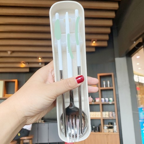 ZZJJC 스텐 스푼 포크 수저 케이스 3종 세트 동반 반죽 도시락 식사도구를 갖추기, 실버 쓰리피스(현물)