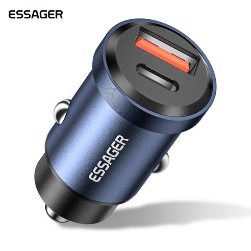 ESSAGER 자이로스코프 미니 30W 45W USB-A C타입 듀얼포트 차량용 시거잭 고속 충전기, Blue, 45W(USB A+Type C)