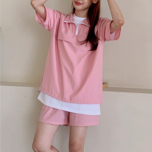 데이오프무드 여성 여름 반팔 아노락 반바지 세트