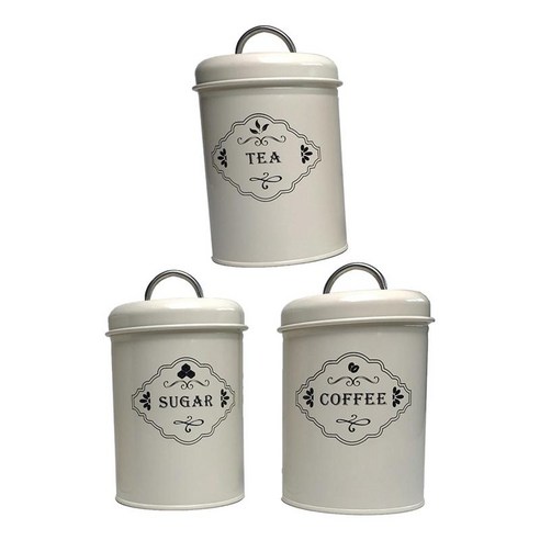 커피용 금속 보관 포트 3개 차 항아리 냄비 용기 뚜껑이 있는 캔디 깡통 커피용 설탕 정리함, 유백색, 철