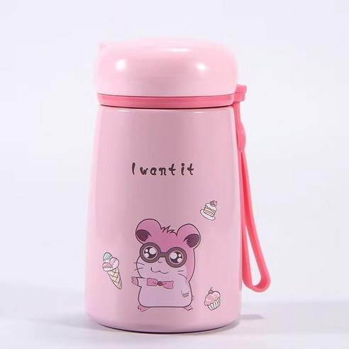 아이디어 귀엽다 만화 미니 스테인리스강 보온컵 휴대용 우유병 물컵, 330ml 핑크, 280