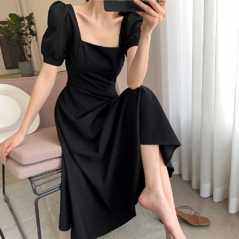 【TOW】Ins 헵번 블랙 드레스 여름 새로운 스퀘어 칼라 프랑스 레트로 햅번 스타일 우아한 드레스