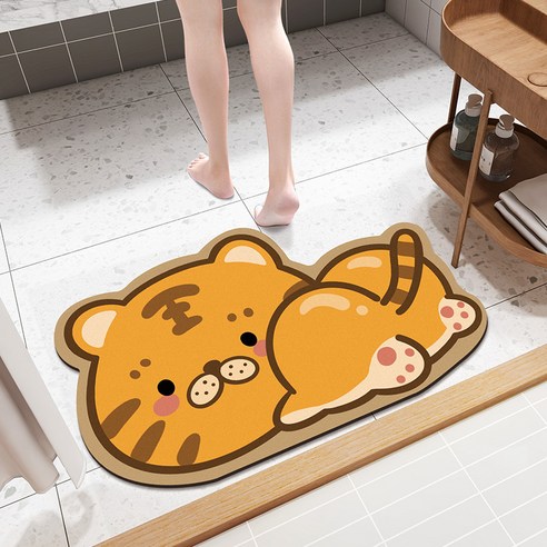 DFMEI만화 욕실 물 흡수 바닥 매트 규조토 진흙 소프트 화장실 문 매트 가정용 화장실 비 슬립 빠른 건조 카펫, 방귀 호랑이 [스웨이드], 40*60Cm