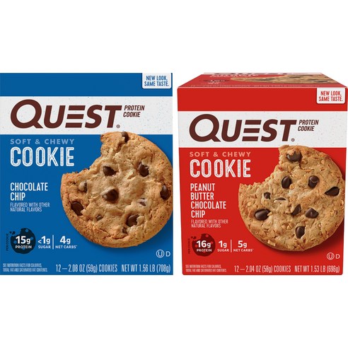 퀘스트뉴트리션 프로틴 쿠키 12개입, Chocolate Chip 12 Count + Peanut Butter Chocolate Chip 12 Count, 1세트, 708g