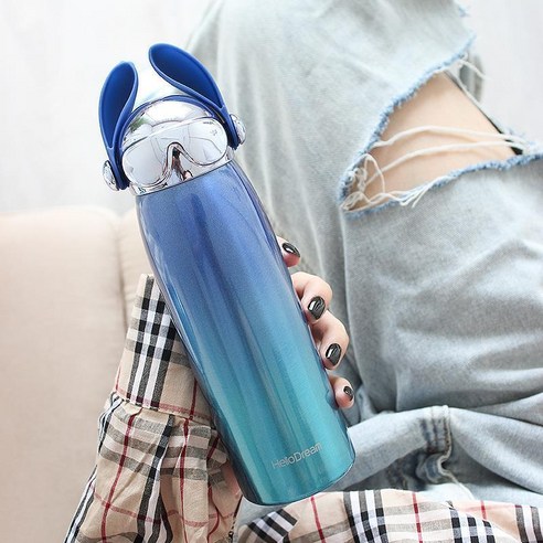 창조적 인 성격 그라디언트 절연 컵 여성 학생 귀여운 휴대용 간단한 스테인리스 컵 남성 트렌디 컵, 쿨 개 블루 300ml, 컵 + 컵 브러시