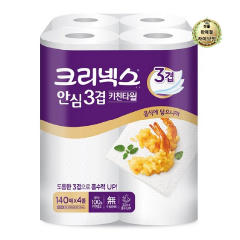   라이브잇 크리넥스 프리미엄 안심 3겹 천연펄프 키친타올 4롤 1개, 140매, 16개