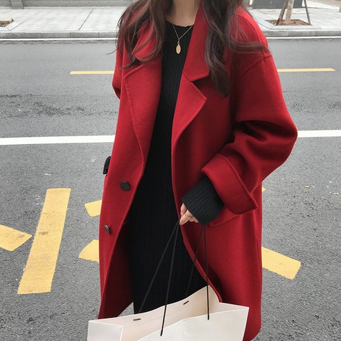 새로운 한국어 스타일 중간 길이 캐시미어 overknee 코트 햅번 스타일 여성 레드 모직 코트 가을 모직 코트