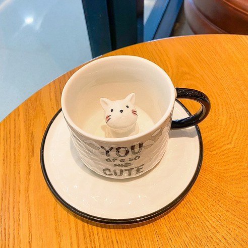DFMEI 캐릭터 아이디어 컵 내 고양이 커피잔 귀여운 도자기 컵 레스토랑 밀크티 아침 물컵 기프트 컵, DFMEI 흰귀고양이_220ML