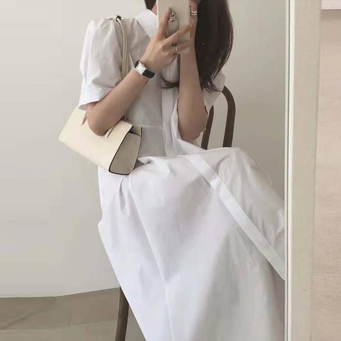 시크한 프랑스 복고풍 라펠 싱글 브레스트 퍼프 소매 셔츠 롱 드레스 여성용 루즈핏 한국 스타일 여름
