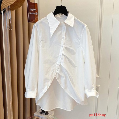 세련된 느슨한 뾰족한 칼라 비대칭 흰색 셔츠 여성의 봄과 가을 긴 소매 셔츠