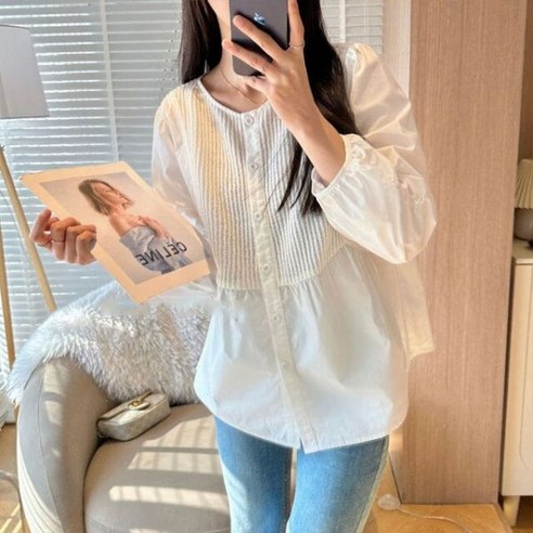 여성 플리츠 주름 블라우스 셔츠 캐주얼 오피스 루즈핏 버튼 심플 봄 여름