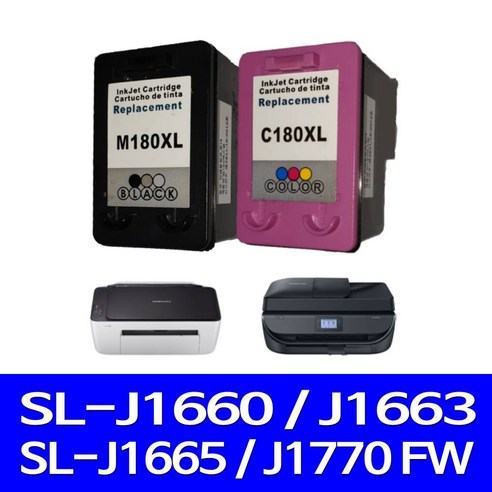 INK-M180 INK-C180 잉크 카트리지 삼성 호환 프린터 잉크젯 SL-J1770FW SL-J1663 SL-J1665, 2개입, 검정+컬러 세트 대용량 표준3배