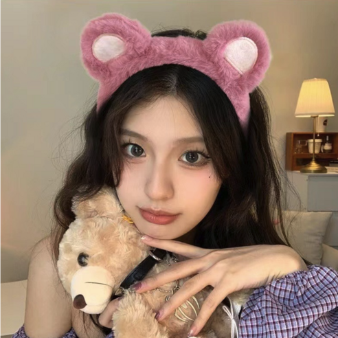 복실 곰돌이 핑크 귀 머리띠 헤어밴드 아삭스퀘어 1+1, 연핑크