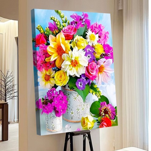 votgl 보석십자수 캔버스형 DIY 액자형 풍경 인물 꽃식물50x40cm, 020꽃
