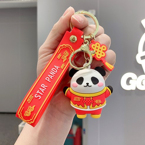 판다 귀엽다 카우보이 열쇠고리 실리콘 자동차 커플 열쇠 만화 액세서리 책가방 액세서리 창의 열쇠고리, 중국풍 팬더 - 레드