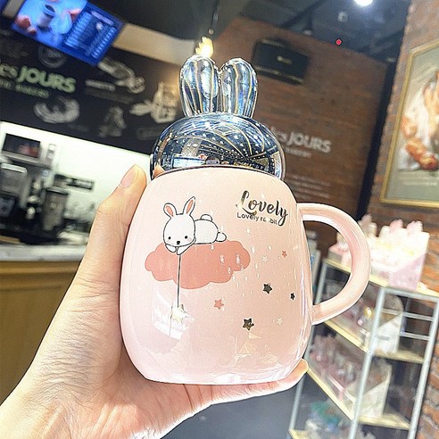 만화 일본과 토끼 컵 뚜껑 방수 머그컵 우유 커피 귀엽다 남녀 학생 커플 도자기 컵, 핑크/핑크