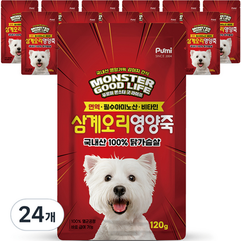푸르미 강아지 몬스터 굿 라이프 영양죽, 삼계오리, 120g, 24개