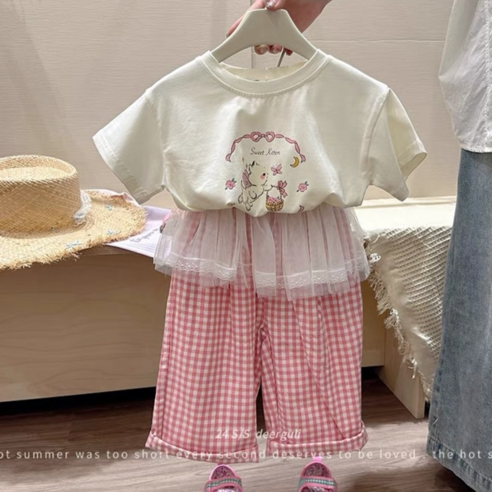 여누키즈 반팔 티셔츠 + 레이스 핑크 팬츠 100~140 아동 여름 상하복