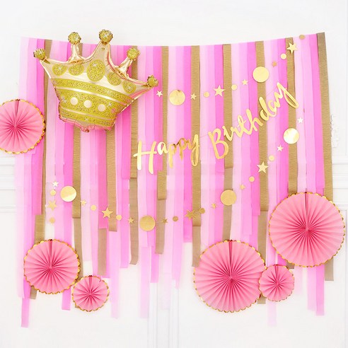파티팡 왕관 스트리머 핑크골드 생일파티 장식세트, 1세트, 혼합색상