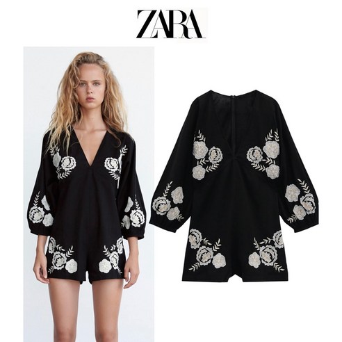 블랙 브이넥 자수 린넨 ZARA 자라 여성 점프슈트