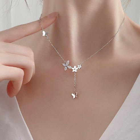 실버 925 꽃 큐빅 나비 드롭 목걸이 NL029