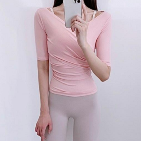 로라벨 메쉬 5부 반팔 필라테스복 요가복 커버업 운동복