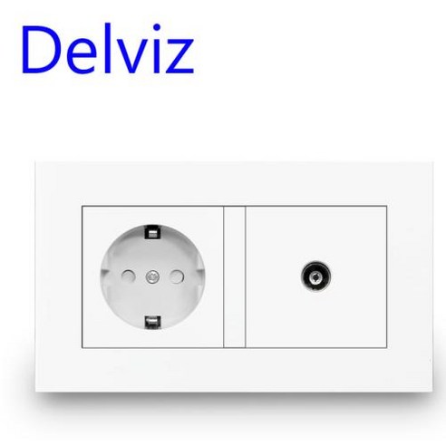 Delviz EU 표준 TV 소켓/콘센트 홈 TV 케이블 잭 146mm * 86mm 흰색 패널 2 갱 벽 TV 및 16A 전원 소켓, 1) White - 110-250 볼트