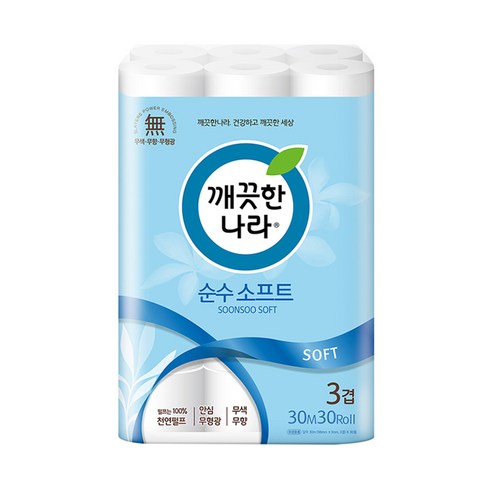깨끗한나라 3겹 순수 소프트 화장지 30m, 30롤, 1팩