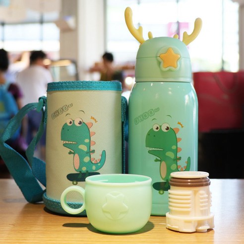 DFMEI 텀블러 스트랩 2유아용 텀블러 스트랩 스트랩 누수 방지 소용량 물컵, 모키 앤 틀러 어린이 냄비 500ml 녹색, 싱글 컵+컵 세트+컵 브러시