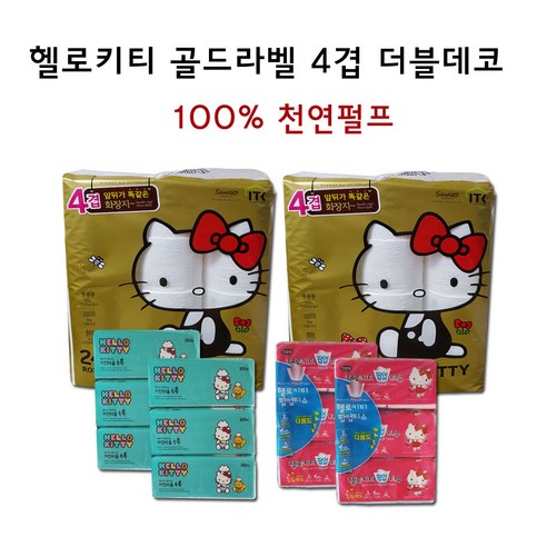 [NEW 실속구성] 헬로키티 골드라벨 더블데코4겹 30롤X2팩+팝업티슈6팩+키친타올6팩